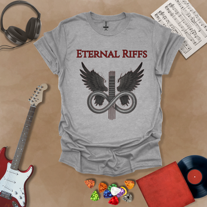 Gray guitar inspired t-shirt in the Fallen Angel Collection with angel wings and Eternal Riffs text, dark design by Riff Junkie 
