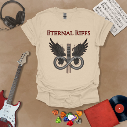 Beige guitar inspired t-shirt in the Fallen Angel Collection with angel wings and Eternal Riffs text, dark design by Riff Junkie 
