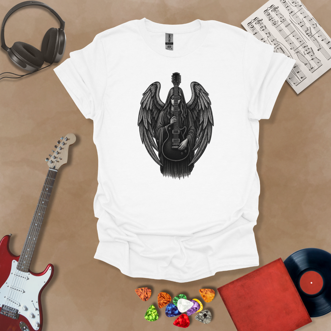 White t-shirt with Gothic angel holding a black electric guitar with detailed wings—moody rock art from the Fallen Angel: Legends Never Die (Reborn) design by Riff Junkie.#RiffJunkie