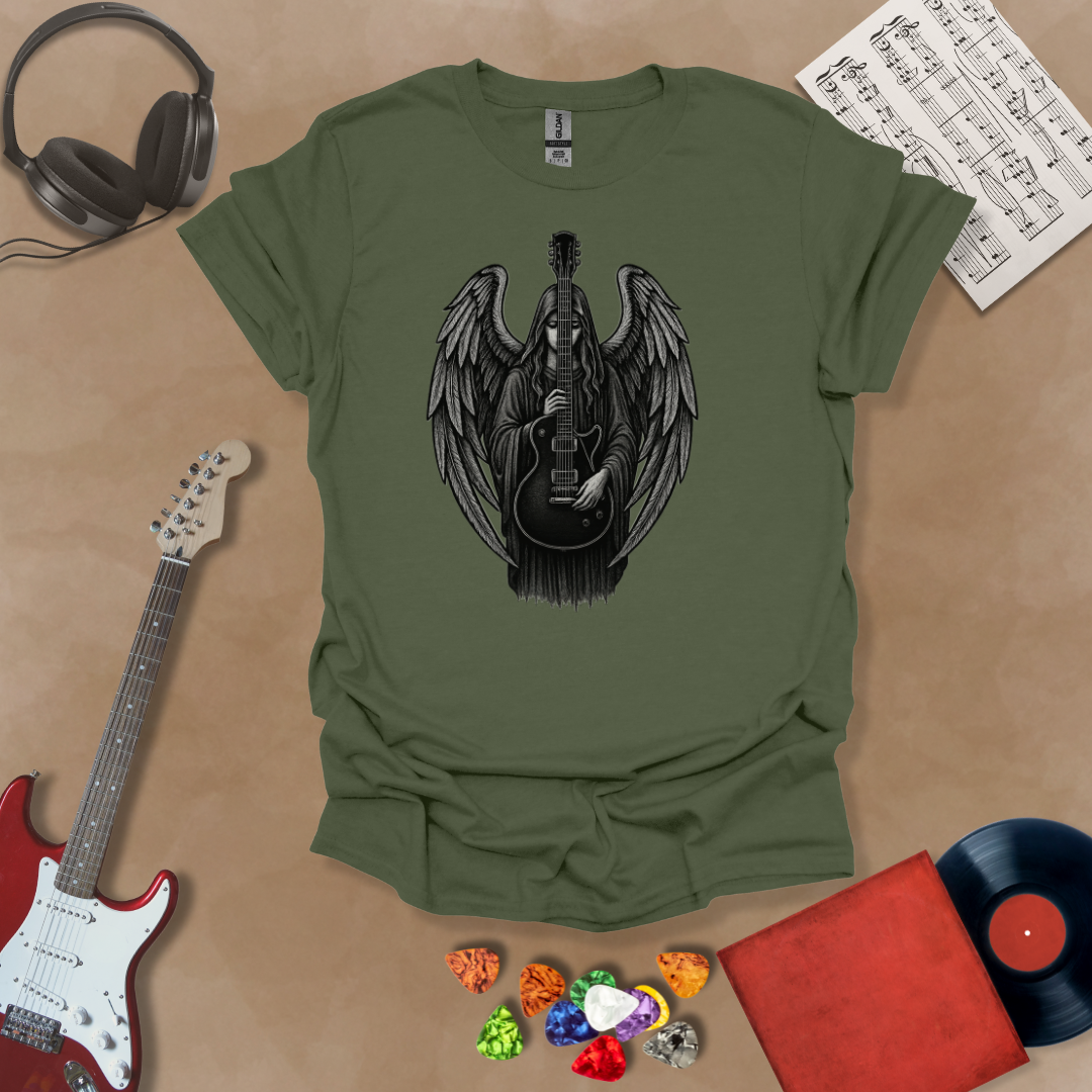 Green t-shirt with Gothic angel holding a black electric guitar with detailed wings—moody rock art from the Fallen Angel: Legends Never Die (Reborn) design by Riff Junkie.#RiffJunkie