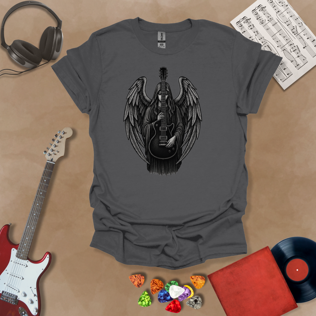 Gray t-shirt with Gothic angel holding a black electric guitar with detailed wings—moody rock art from the Fallen Angel: Legends Never Die (Reborn) design by Riff Junkie.#RiffJunkie