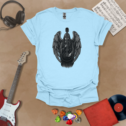 Light Blue t-shirt with Gothic angel holding a black electric guitar with detailed wings—moody rock art from the Fallen Angel: Legends Never Die (Reborn) design by Riff Junkie.#RiffJunkie