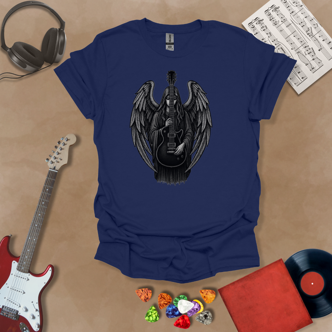 Navy t-shirt with Gothic angel holding a black electric guitar with detailed wings—moody rock art from the Fallen Angel: Legends Never Die (Reborn) design by Riff Junkie.#RiffJunkie