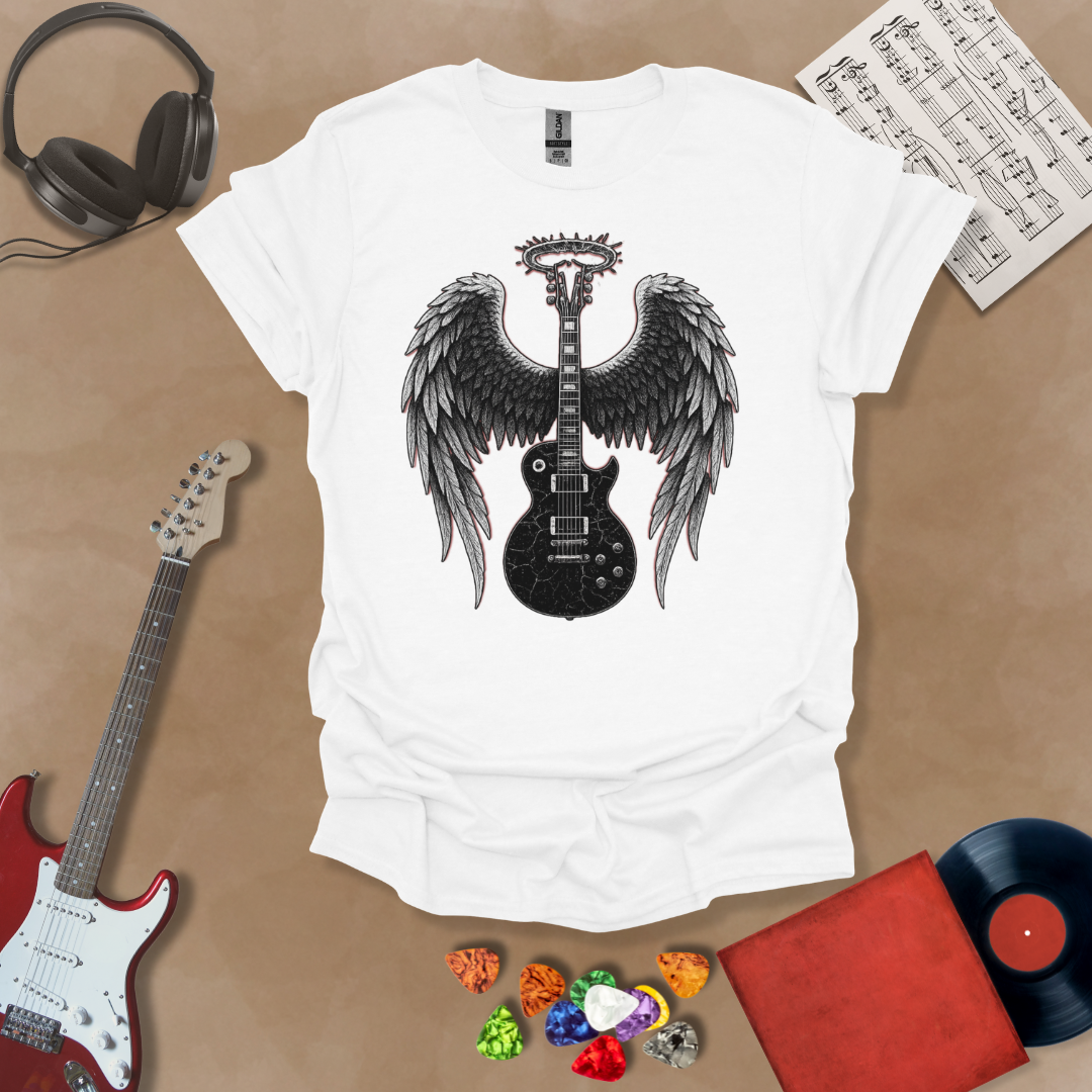 White t-shirt with Black electric guitar with angel wings and a cracked halo—dark gothic design from the Fallen Angel: Broken Halo tee by Riff Junkie.