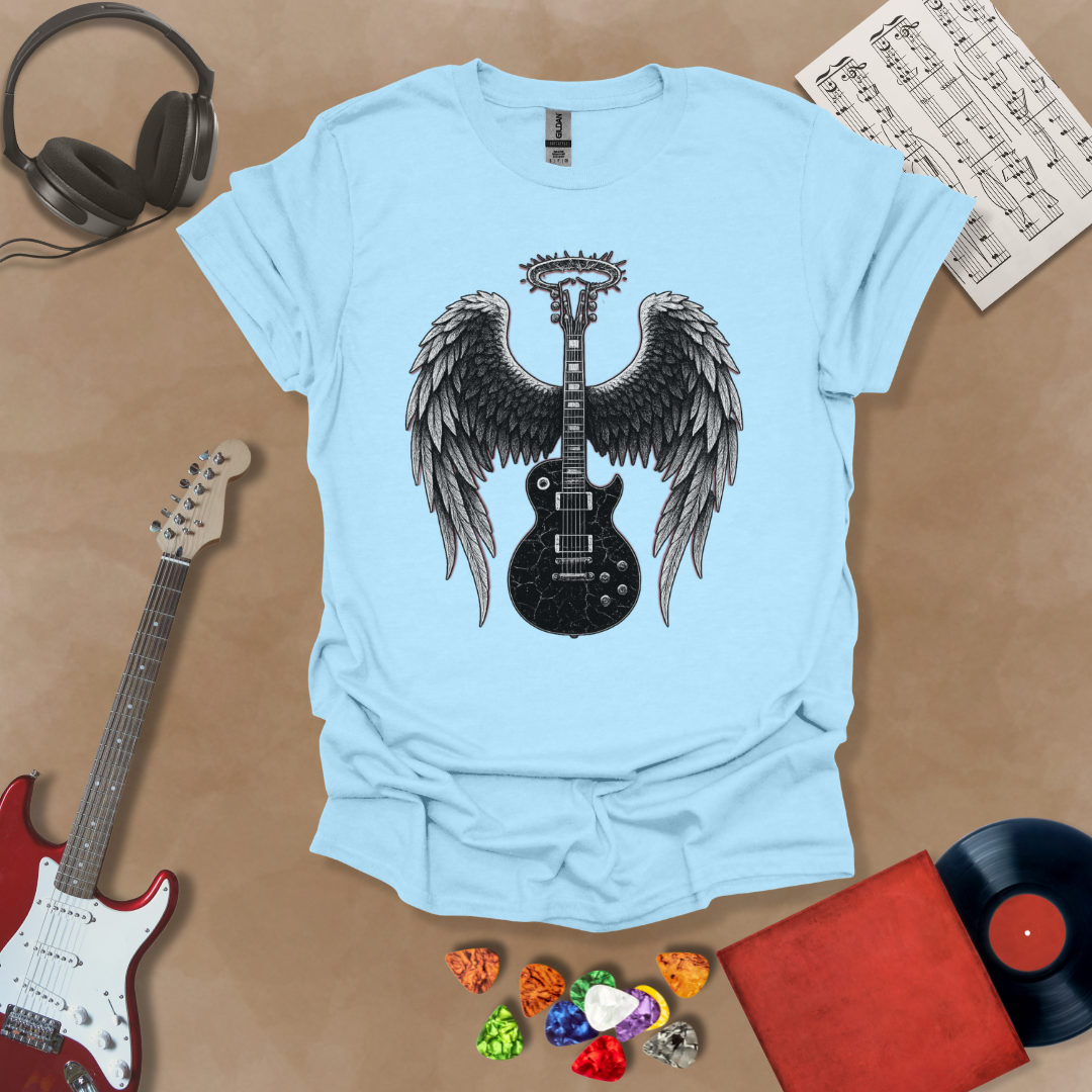 Light Blue t-shirt with Black electric guitar with angel wings and a cracked halo—dark gothic design from the Fallen Angel: Broken Halo tee by Riff Junkie.