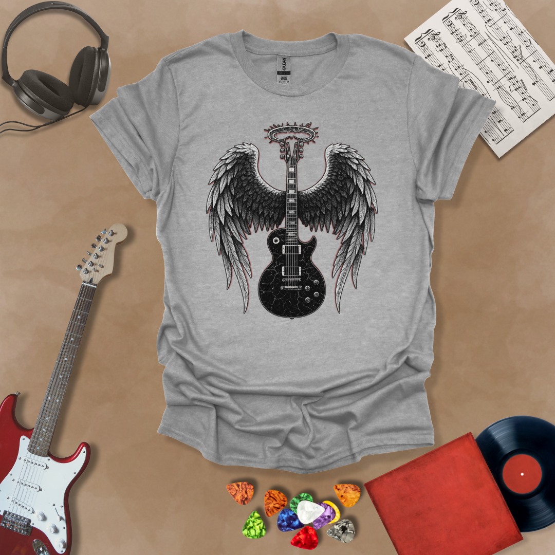 Gray t-shirt with Black electric guitar with angel wings and a cracked halo—dark gothic design from the Fallen Angel: Broken Halo tee by Riff Junkie.