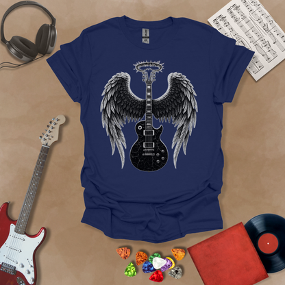Navy t-shirt with Black electric guitar with angel wings and a cracked halo—dark gothic design from the Fallen Angel: Broken Halo tee by Riff Junkie.