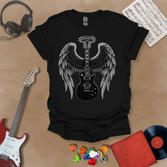 Black t-shirt with Black electric guitar with angel wings and a cracked halo—dark gothic design from the Fallen Angel: Broken Halo tee by Riff Junkie.