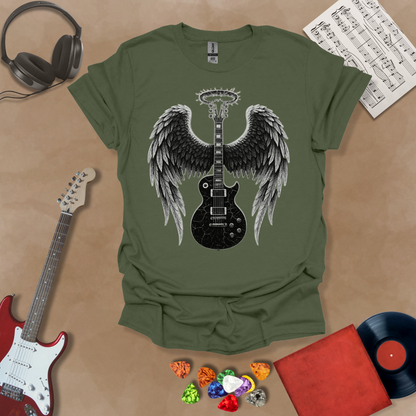 Green t-shirt with Black electric guitar with angel wings and a cracked halo—dark gothic design from the Fallen Angel: Broken Halo tee by Riff Junkie.