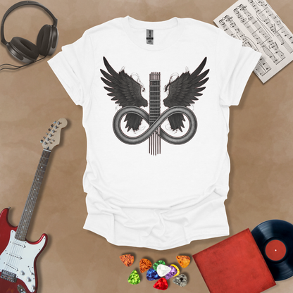 White T-shirt featuring a silver infinity symbol merging with a guitar neck and angel wings—Fallen Angel: Eternal Riffs design by Riff Junkie.