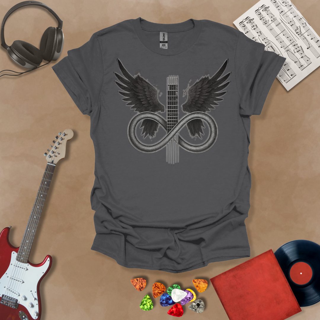 Gray T-shirt featuring a silver infinity symbol merging with a guitar neck and angel wings—Fallen Angel: Eternal Riffs design by Riff Junkie.
