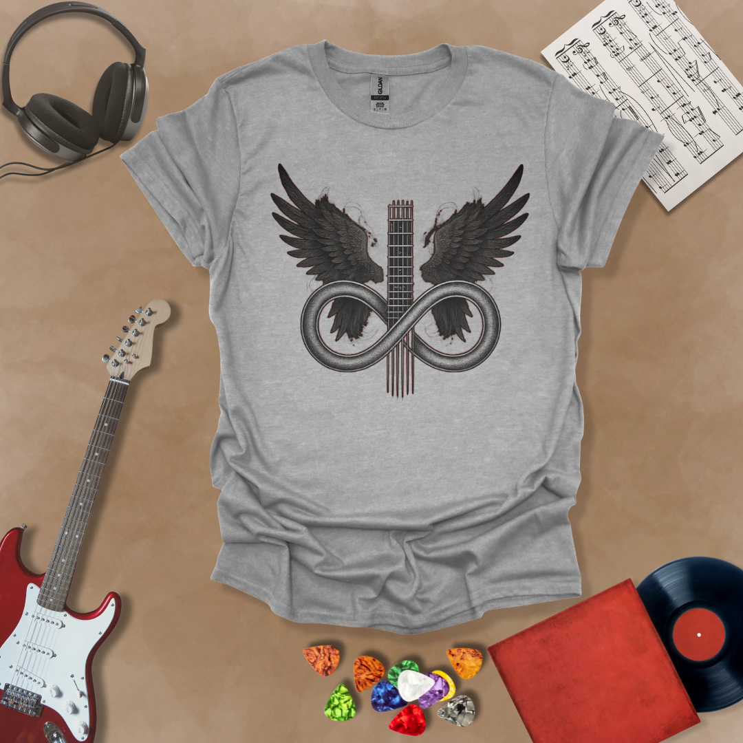 Gray T-shirt featuring a silver infinity symbol merging with a guitar neck and angel wings—Fallen Angel: Eternal Riffs design by Riff Junkie.