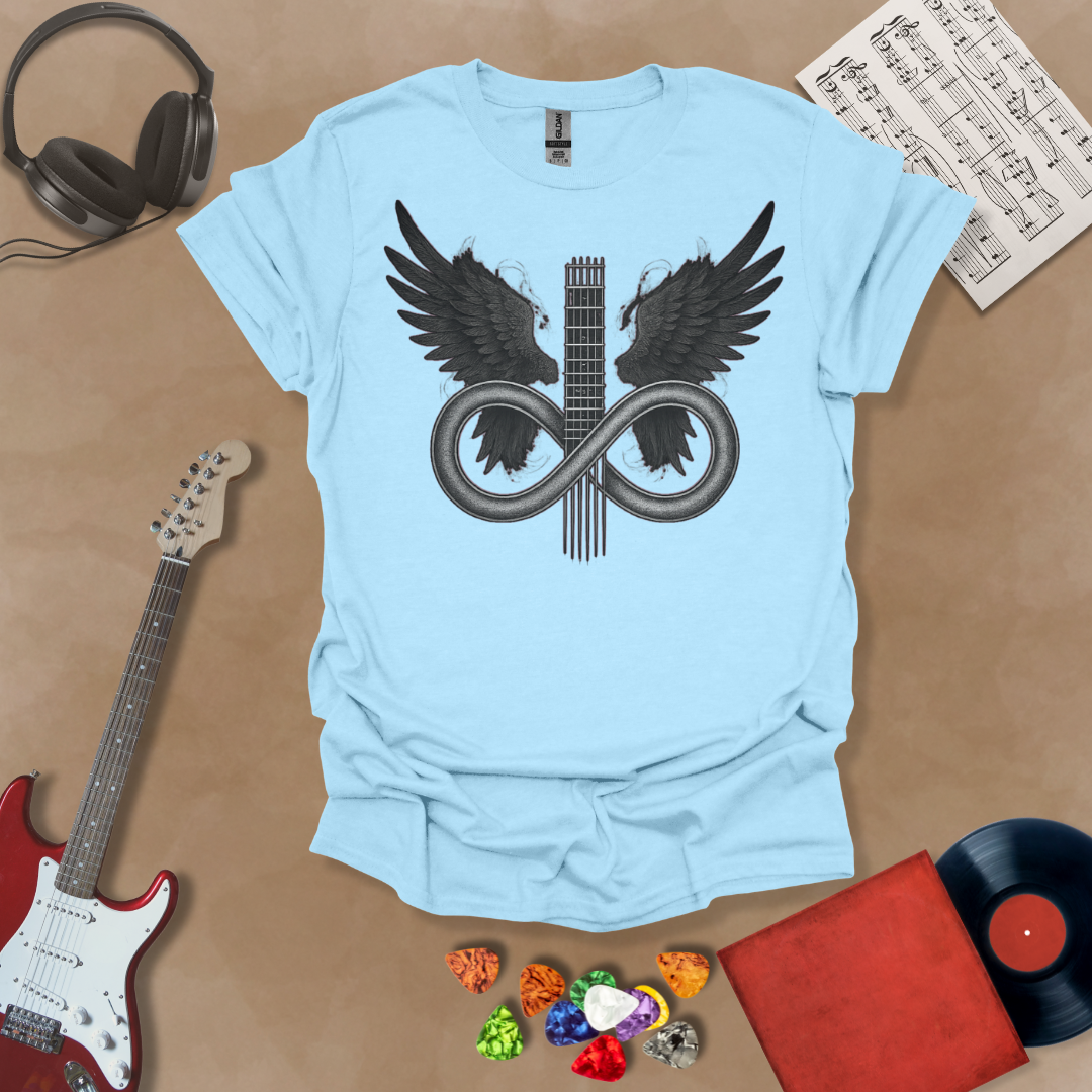 Light Blue T-shirt featuring a silver infinity symbol merging with a guitar neck and angel wings—Fallen Angel: Eternal Riffs design by Riff Junkie.