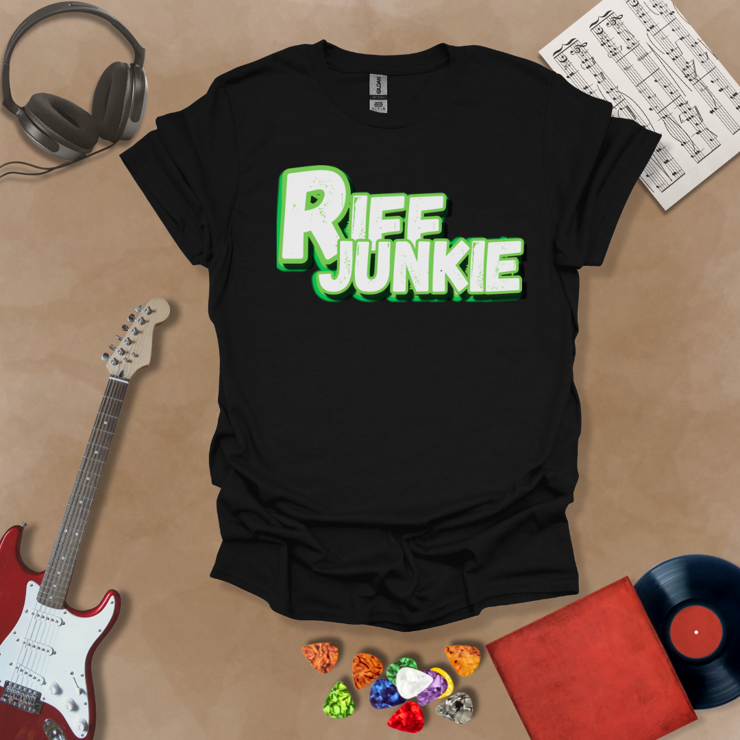 Black T-Shirt with Riff Junkie Logo in Electric Green Edition featuring bold white lettering with neon green glow on dark background — glowing, high-energy design for guitar lovers.