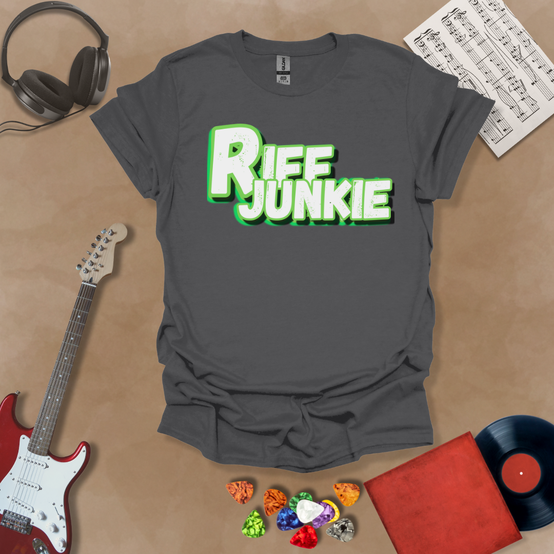 Gray T-Shirt with Riff Junkie Logo in Electric Green Edition featuring bold white lettering with neon green glow on dark background — glowing, high-energy design for guitar lovers.
