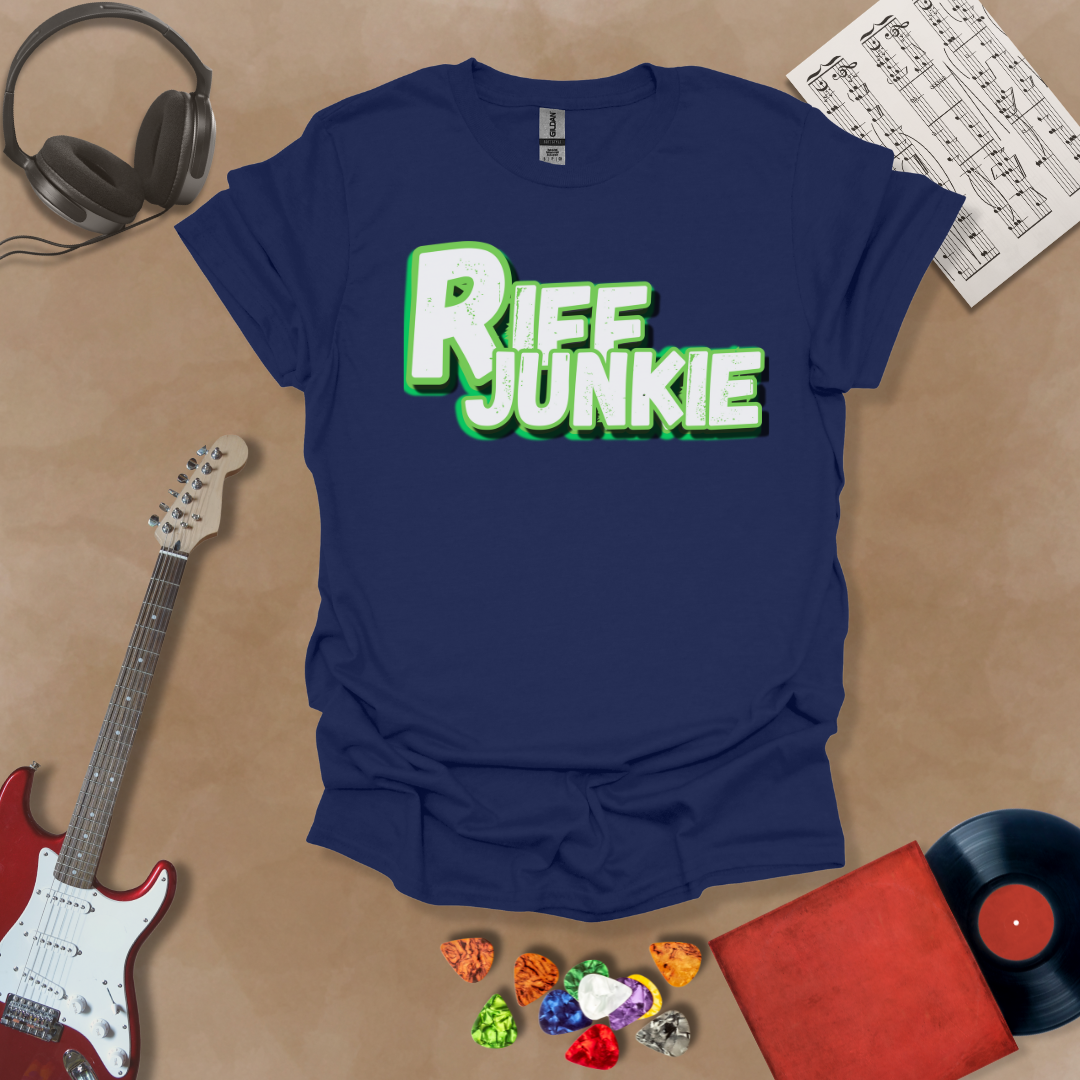 Navy T-Shirt with Riff Junkie Logo in Electric Green Edition featuring bold white lettering with neon green glow on dark background — glowing, high-energy design for guitar lovers.