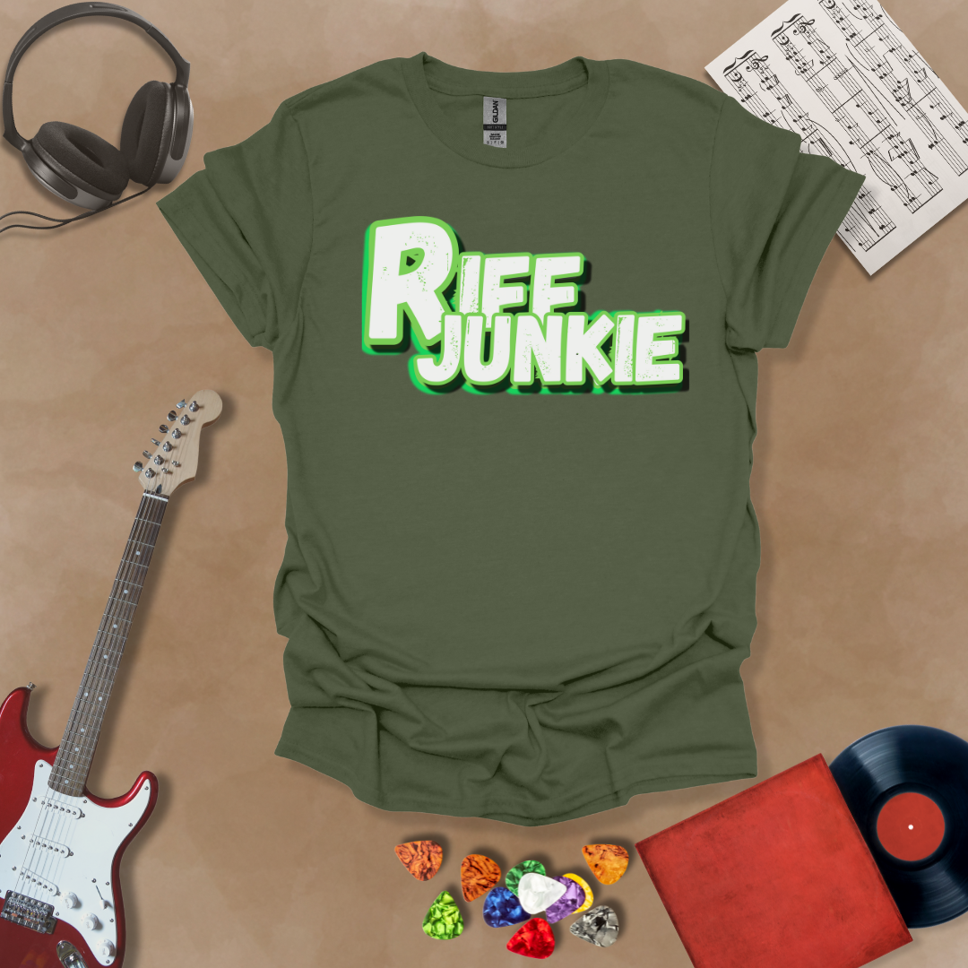 Green T-Shirt with Riff Junkie Logo in Electric Green Edition featuring bold white lettering with neon green glow on dark background — glowing, high-energy design for guitar lovers.