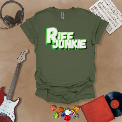 Green T-Shirt with Riff Junkie Logo in Electric Green Edition featuring bold white lettering with neon green glow on dark background — glowing, high-energy design for guitar lovers.
