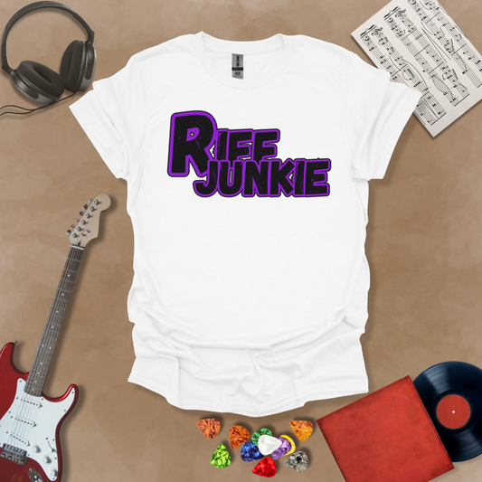 White T-shirt with Riff Junkie Logo T-Shirt in Stage Light Edition featuring purple-outlined logo on light background, artistic glow design inspired by stage lighting.