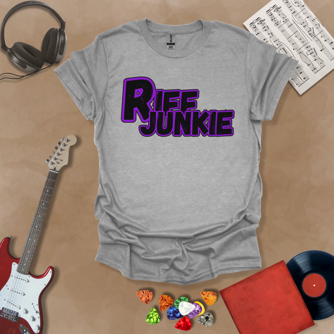 Gray T-shirt with Riff Junkie Logo T-Shirt in Stage Light Edition featuring purple-outlined logo on light background, artistic glow design inspired by stage lighting.