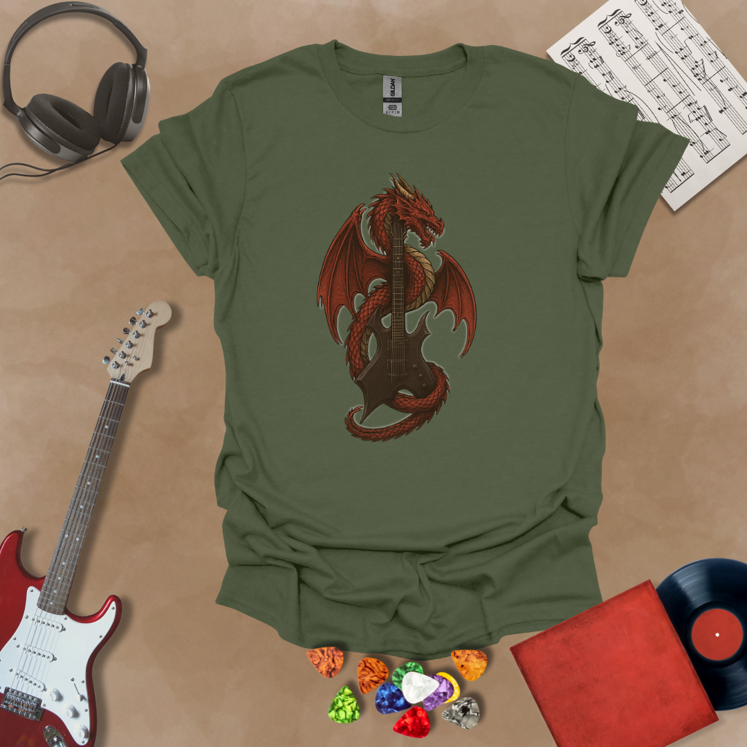 Green t-shirt with fantasy, mythical art of red dragon wrapped around a warlock guitar.