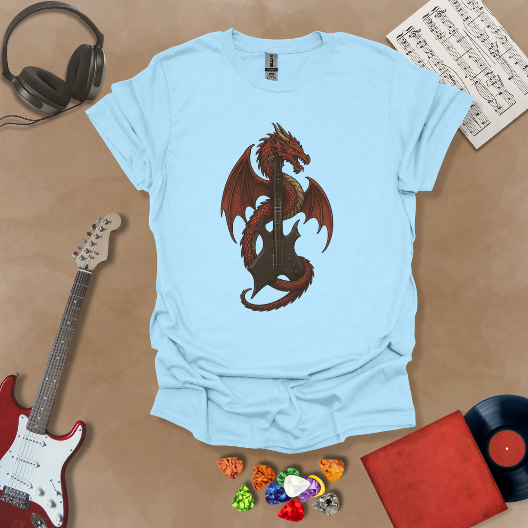 Light bluet-shirt with fantasy, mythical art of red dragon wrapped around a warlock guitar.
