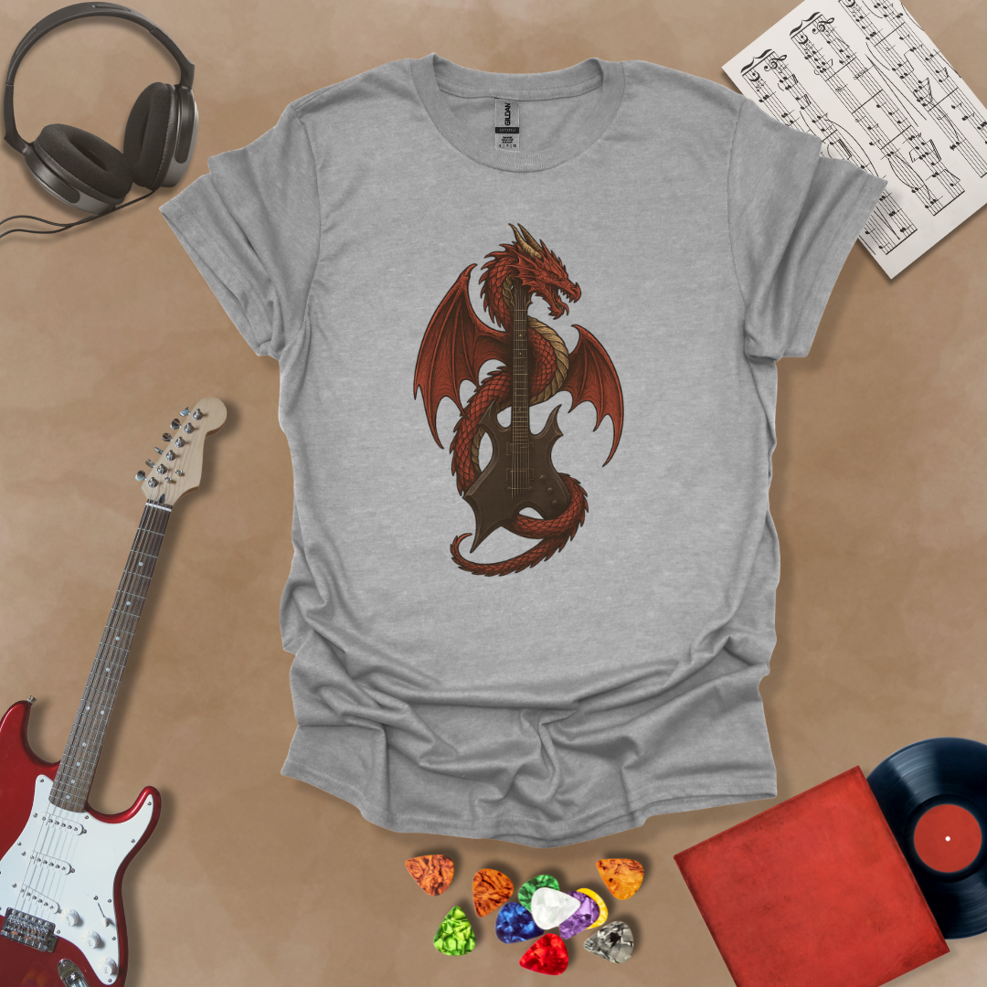 Gray t-shirt with fantasy, mythical art of red dragon wrapped around a warlock guitar.