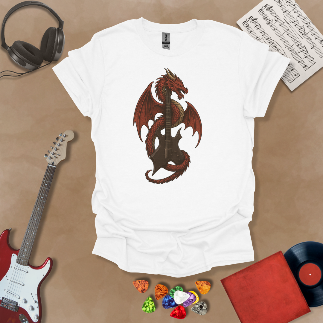 White t-shirt with fantasy, mythical art of red dragon wrapped around a warlock guitar.