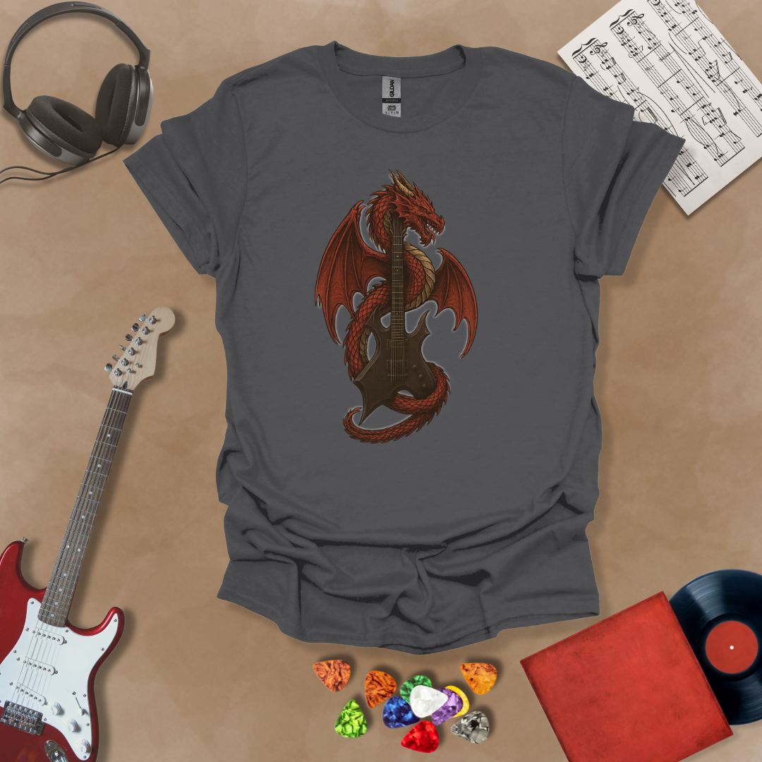 Gray t-shirt with fantasy, mythical art of red dragon wrapped around a warlock guitar.
