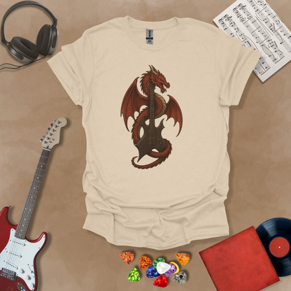 Beige t-shirt with fantasy, mythical art of red dragon wrapped around a warlock guitar.