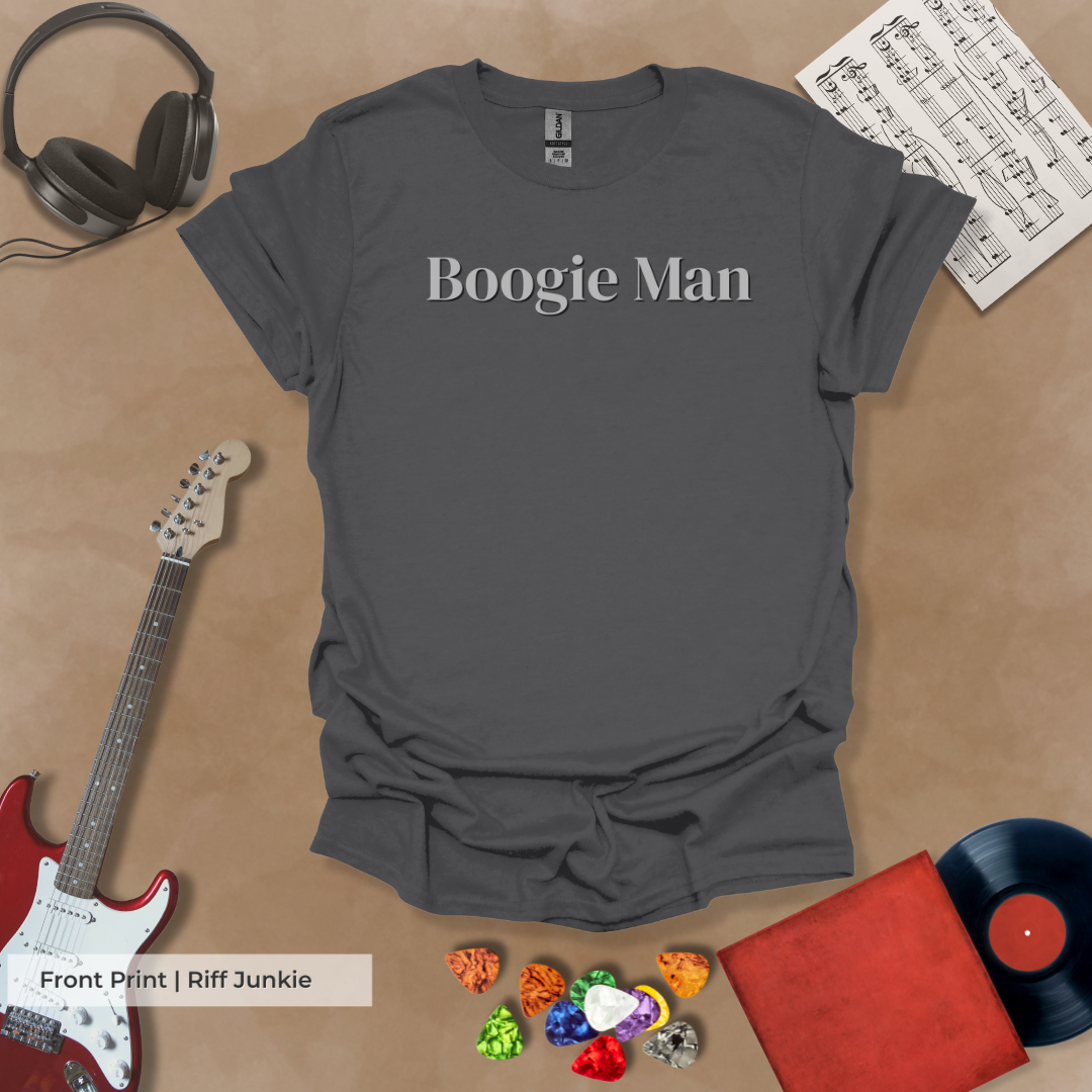 Boogie Man Classic Groove Edition t-shirt with electric green Riff Junkie logo on back and Boogie Man  text on the front.