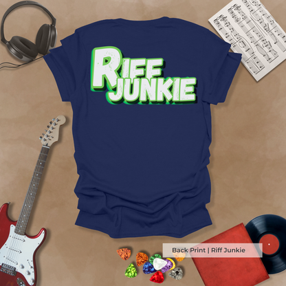 Boogie Man Classic Groove Edition t-shirt with electric green Riff Junkie logo on back and Boogie Man  text on the front.
