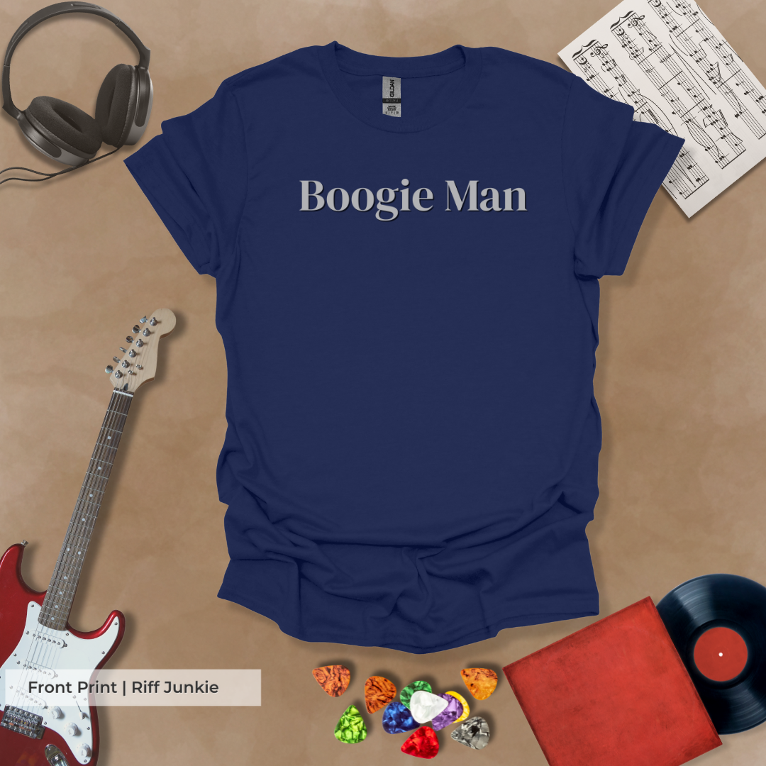 Boogie Man Classic Groove Edition t-shirt with electric green Riff Junkie logo on back and Boogie Man  text on the front.