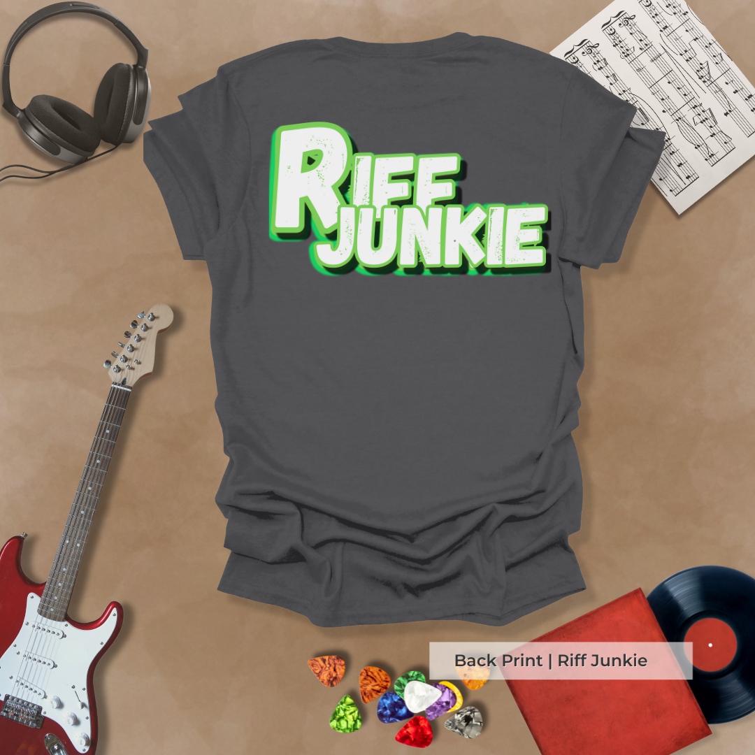 Boogie Man Classic Groove Edition t-shirt with electric green Riff Junkie logo on back and Boogie Man  text on the front.