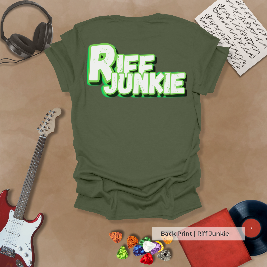 Boogie Man Classic Groove Edition t-shirt with electric green Riff Junkie logo on back and Boogie Man  text on the front.