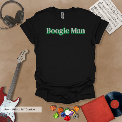 Boogie Man Street Riff Edition t-shirt featuring metallic front print and electric green Riff Junkie back logo.