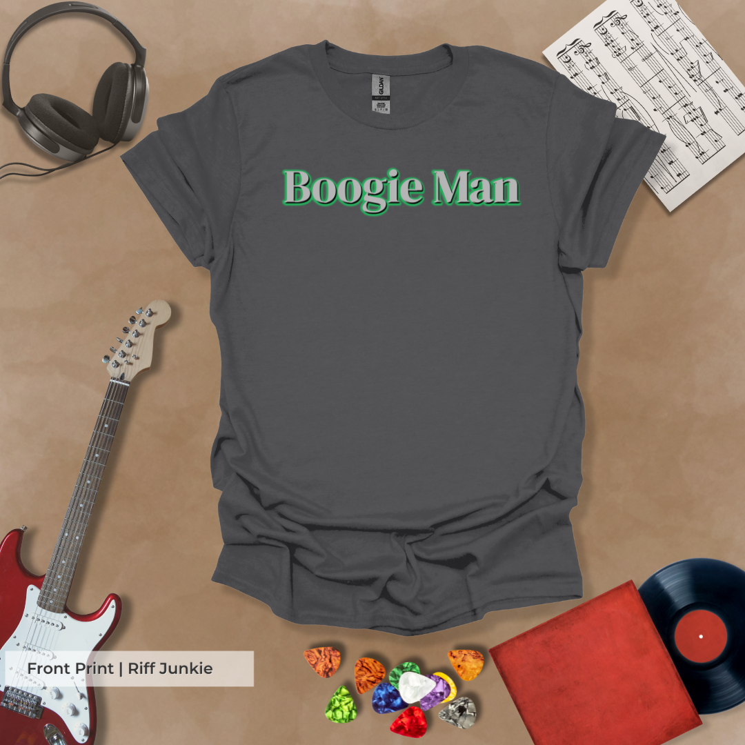 Boogie Man Street Riff Edition t-shirt featuring metallic front print and electric green Riff Junkie back logo.