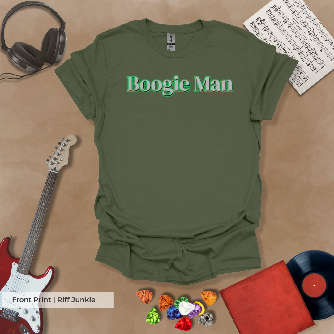 Boogie Man Street Riff Edition t-shirt featuring metallic front print and electric green Riff Junkie back logo.