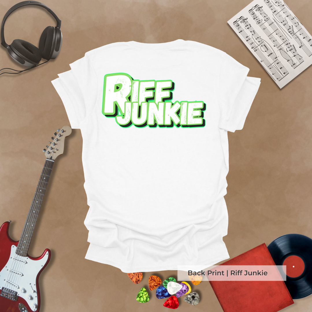 Boogie Man Light Edition t-shirt with metallic text and light glow Riff Junkie logo on back.