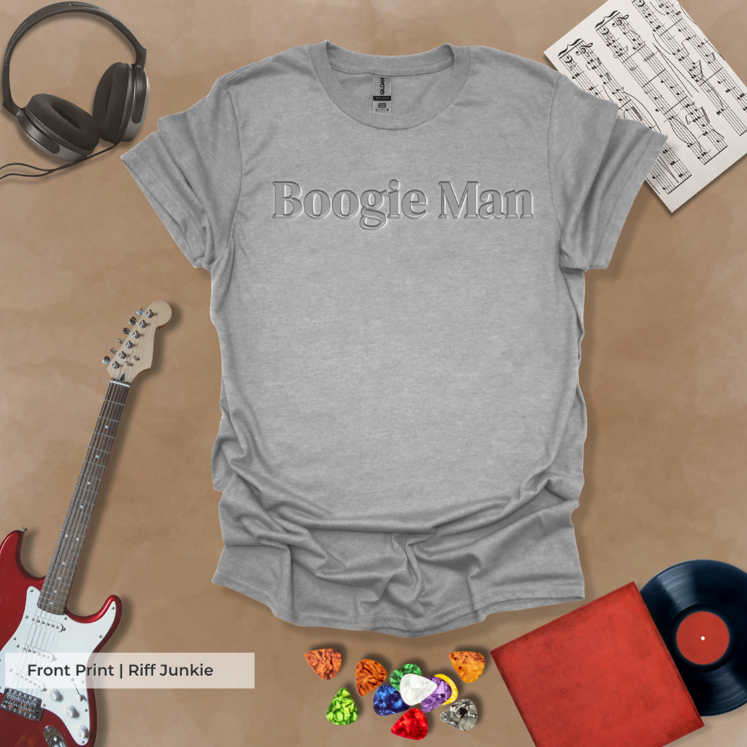 Boogie Man Light Edition t-shirt with metallic text and light glow Riff Junkie logo on back.