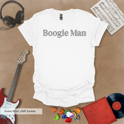 Boogie Man Light Edition t-shirt with metallic text and light glow Riff Junkie logo on back.