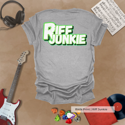 Boogie Man Light Edition t-shirt with metallic text and light glow Riff Junkie logo on back.