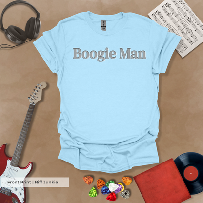 Boogie Man Stage Light Edition t-shirt featuring stage light Riff Junkie logo on back.
