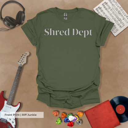 Shred Dept Classic Groove Edition t-shirt with chrome front print and electric green Riff Junkie logo on back.
