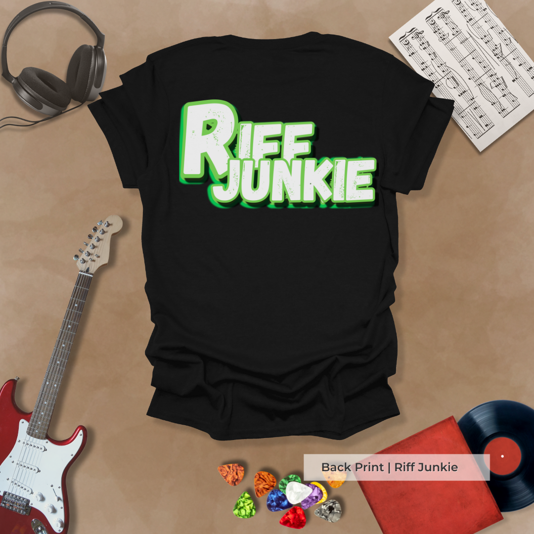 Shred Dept Classic Groove Edition t-shirt with chrome front print and electric green Riff Junkie logo on back.