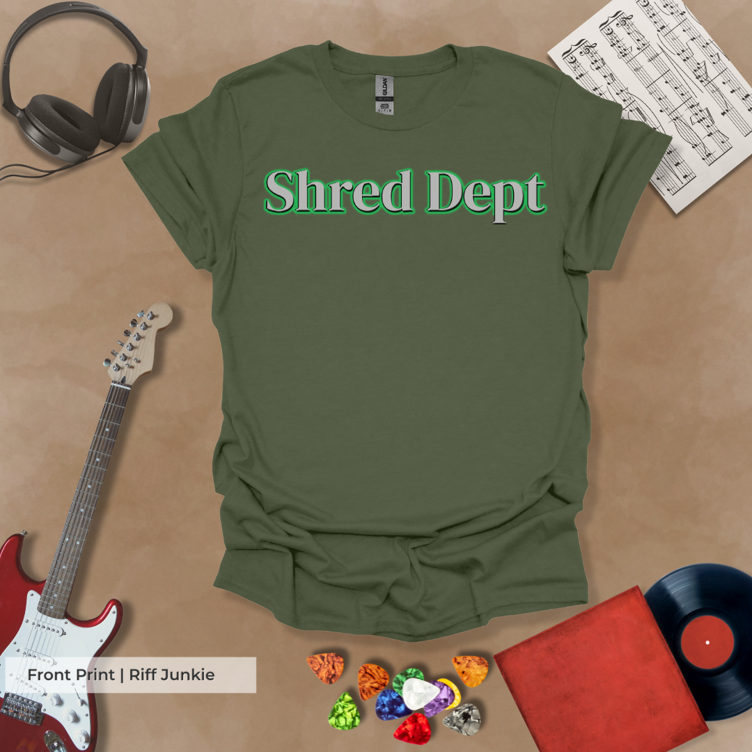 Shred Dept Street Riff Edition t-shirt featuring bold metallic text and Riff Junkie logo in electric green.