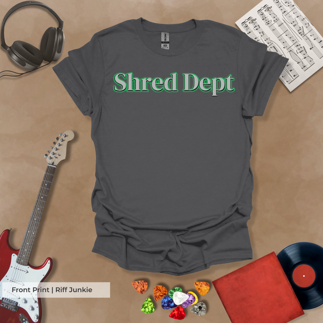 Shred Dept Street Riff Edition t-shirt featuring bold metallic text and Riff Junkie logo in electric green.