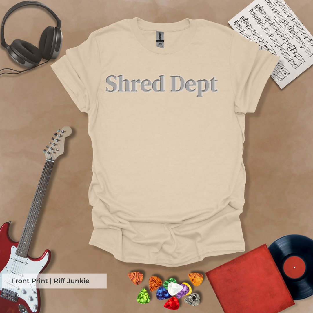 Shred Dept Light Edition t-shirt with metallic chrome design and light glow Riff Junkie back logo.