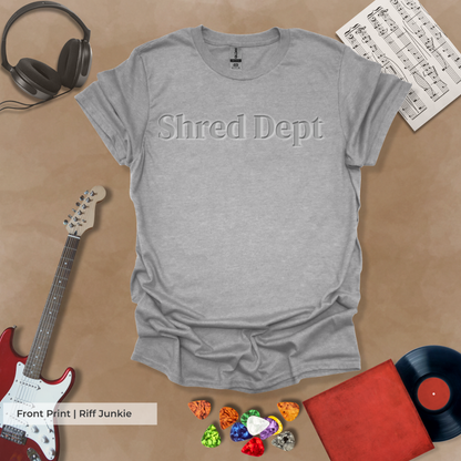 Shred Dept Light Edition t-shirt with metallic chrome design and light glow Riff Junkie back logo.