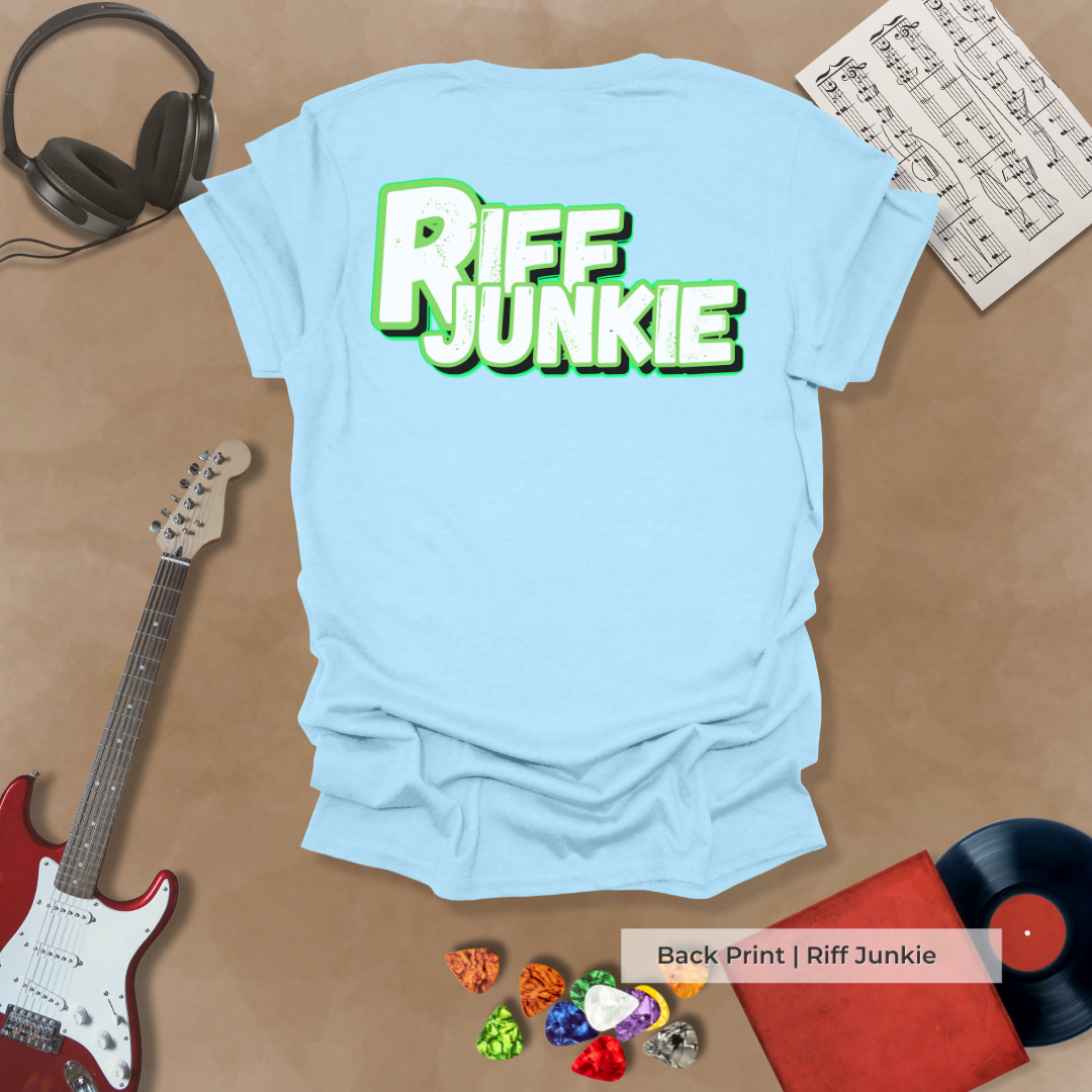 Shred Dept Light Edition t-shirt with metallic chrome design and light glow Riff Junkie back logo.